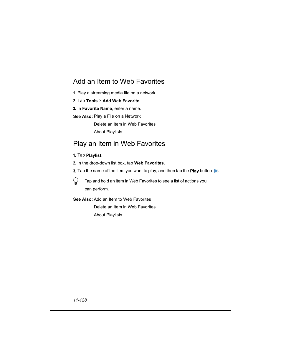 Add an item to web favorites, Play an item in web favorites | Unitech PA950 User Manual | Page 128 / 204