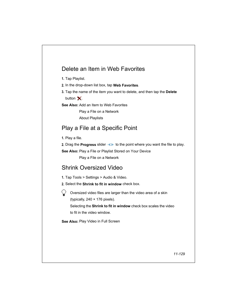 Delete an item in web favorites, Play a file at a specific point, Shrink oversized video | Unitech PA950 User Manual | Page 129 / 204