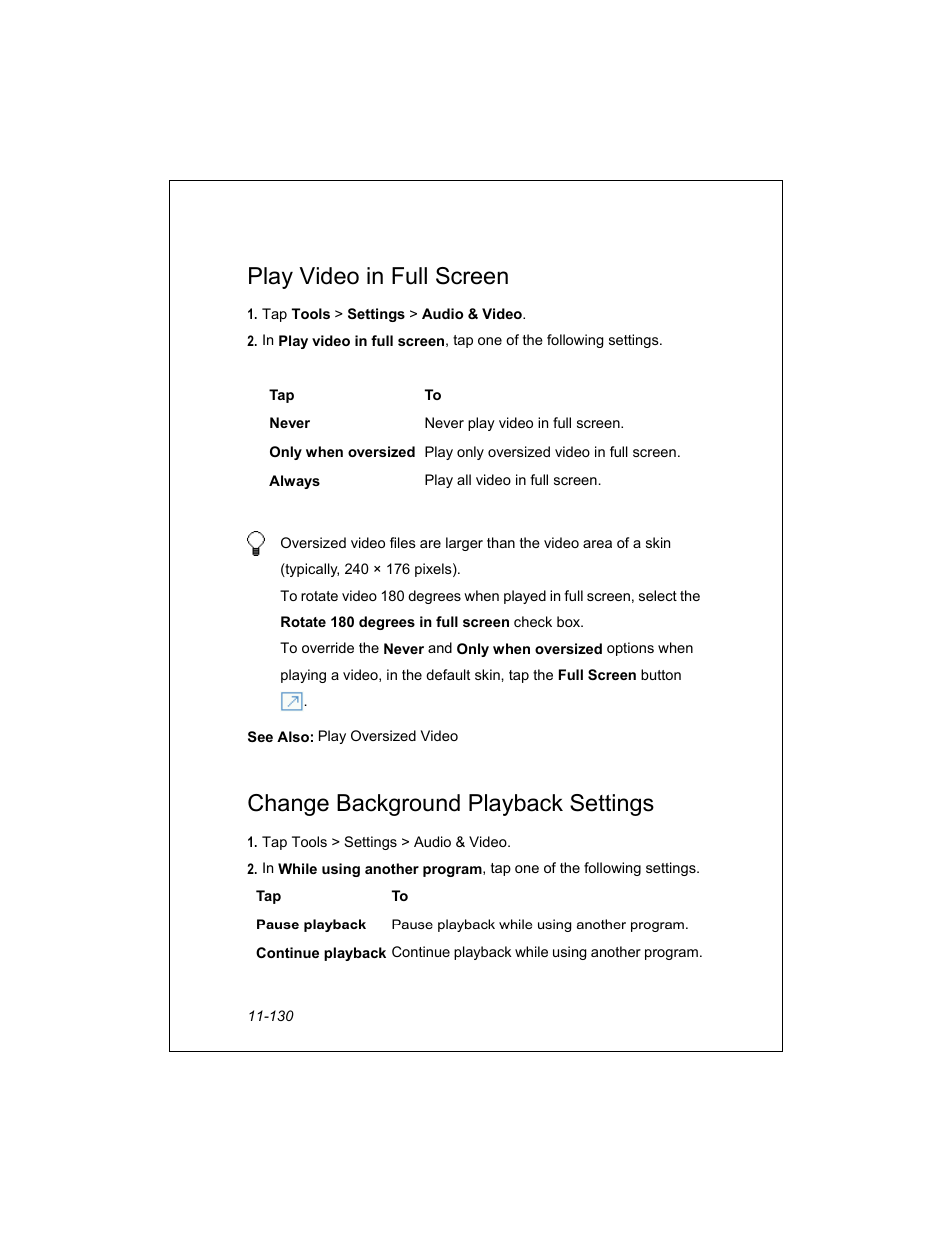 Play video in full screen, Change background playback settings | Unitech PA950 User Manual | Page 130 / 204