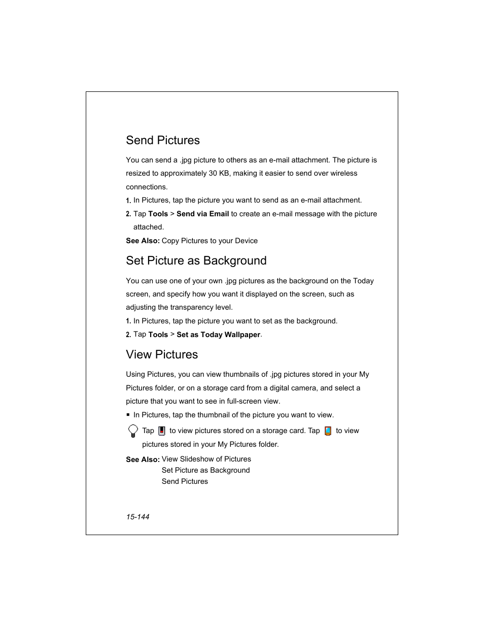 Send pictures, Set picture as background, View pictures | Unitech PA950 User Manual | Page 144 / 204
