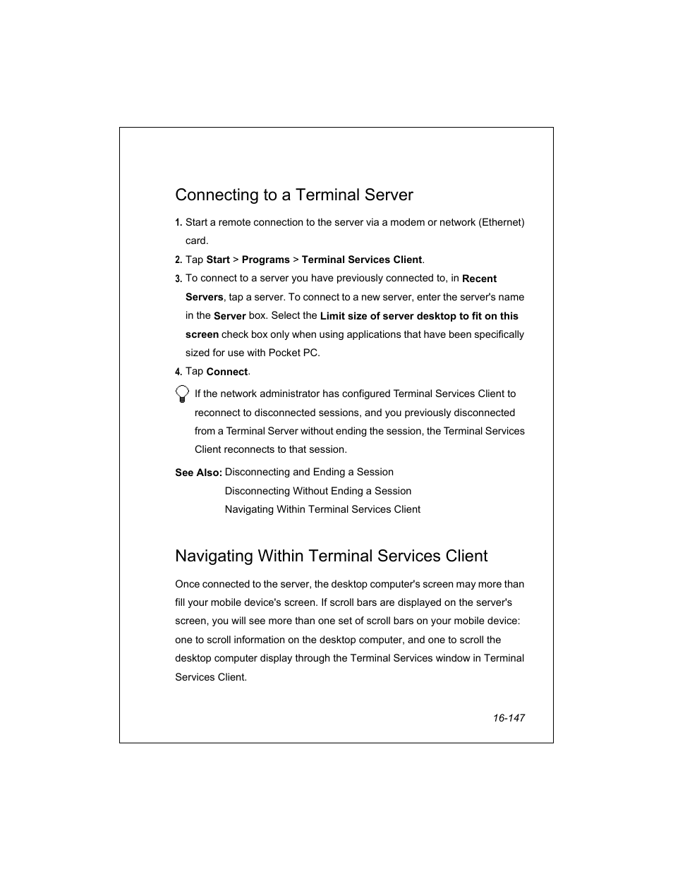 Connecting to a terminal server, Navigating within terminal services client | Unitech PA950 User Manual | Page 147 / 204
