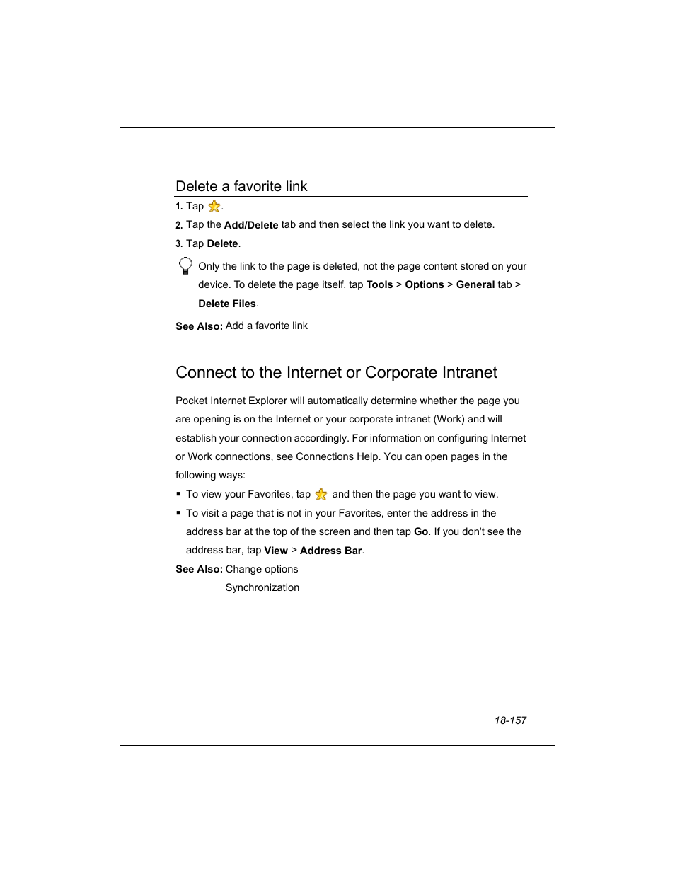Connect to the internet or corporate intranet, Delete a favorite link | Unitech PA950 User Manual | Page 157 / 204