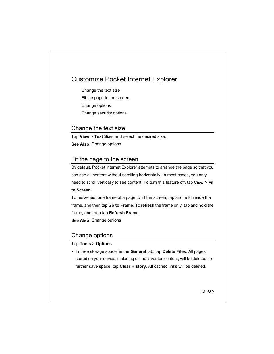 Customize pocket internet explorer, Change the text size, Fit the page to the screen | Change options | Unitech PA950 User Manual | Page 159 / 204