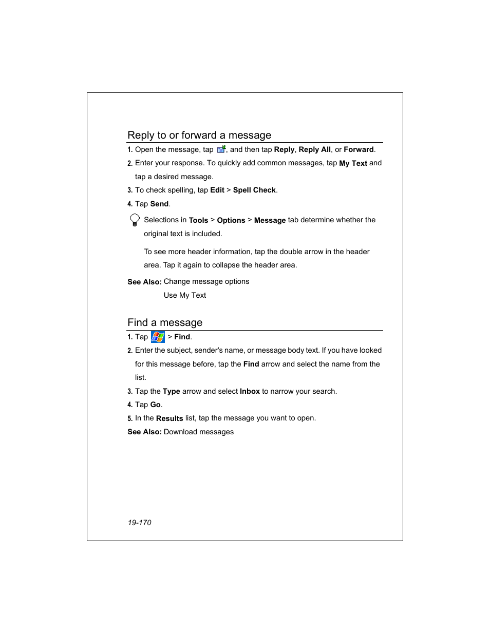 Reply to or forward a message, Find a message | Unitech PA950 User Manual | Page 170 / 204