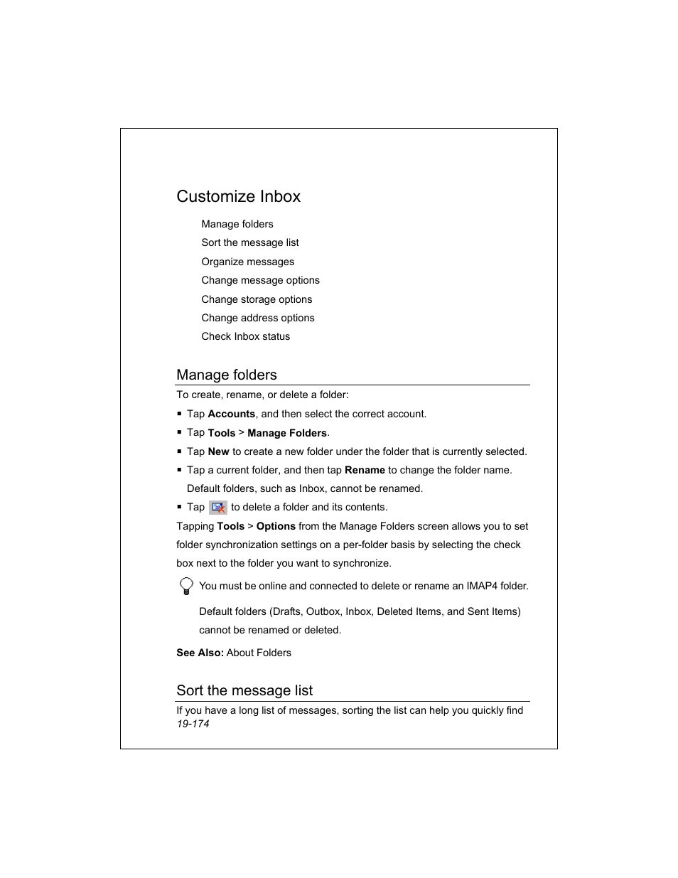 Customize inbox, Manage folders, Sort the message list | Unitech PA950 User Manual | Page 174 / 204