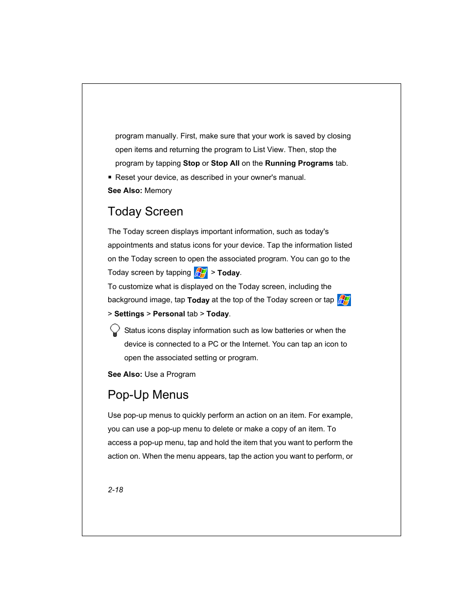 Today screen, Pop-up menus | Unitech PA950 User Manual | Page 18 / 204