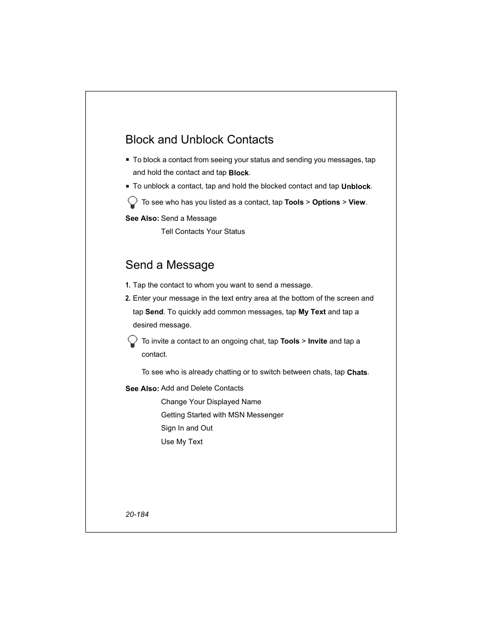 Block and unblock contacts, Send a message | Unitech PA950 User Manual | Page 184 / 204