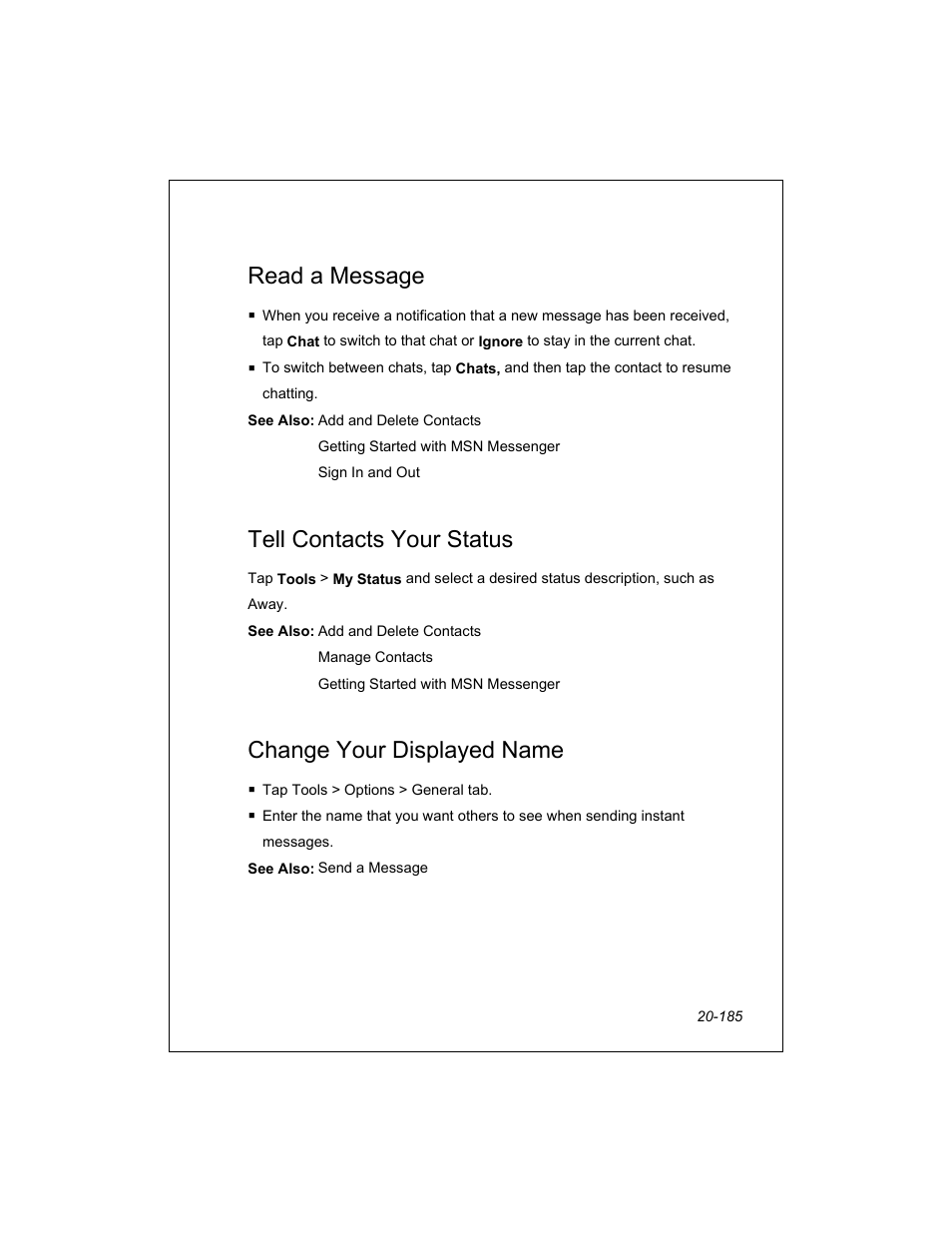 Read a message, Tell contacts your status, Change your displayed name | Unitech PA950 User Manual | Page 185 / 204