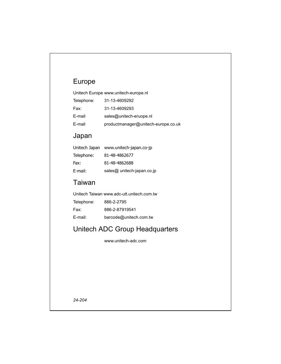 Europe, Japan, Taiwan | Unitech adc group headquarters | Unitech PA950 User Manual | Page 204 / 204