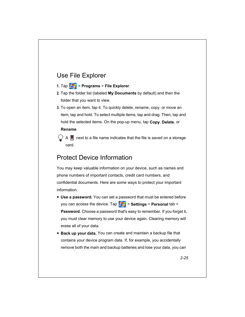 Use file explorer, Protect device information | Unitech PA950 User Manual | Page 25 / 204