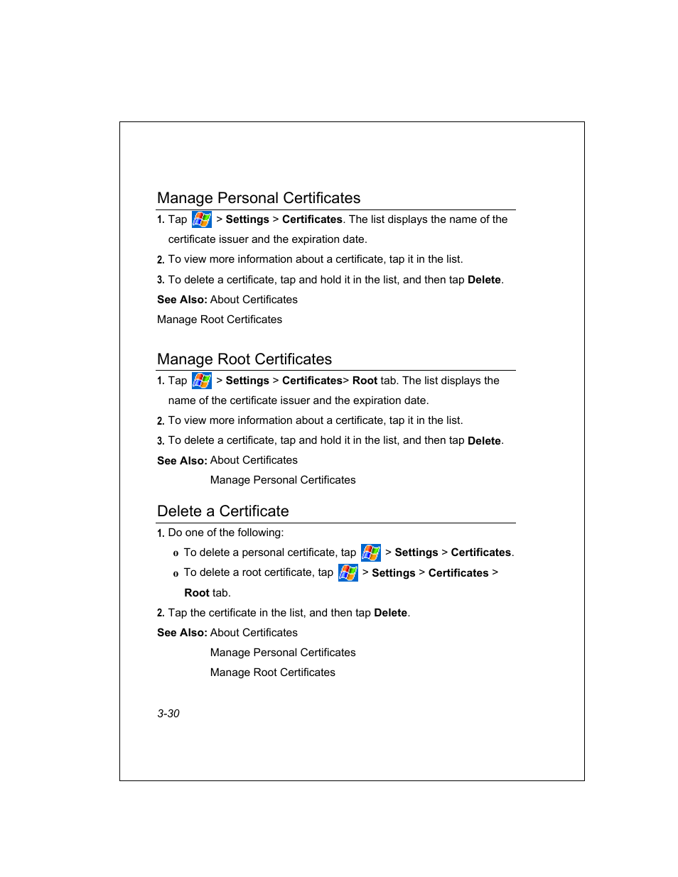 Manage personal certificates, Manage root certificates, Delete a certificate | Unitech PA950 User Manual | Page 30 / 204