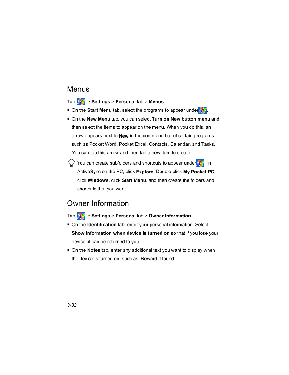 Menus, Owner information | Unitech PA950 User Manual | Page 32 / 204