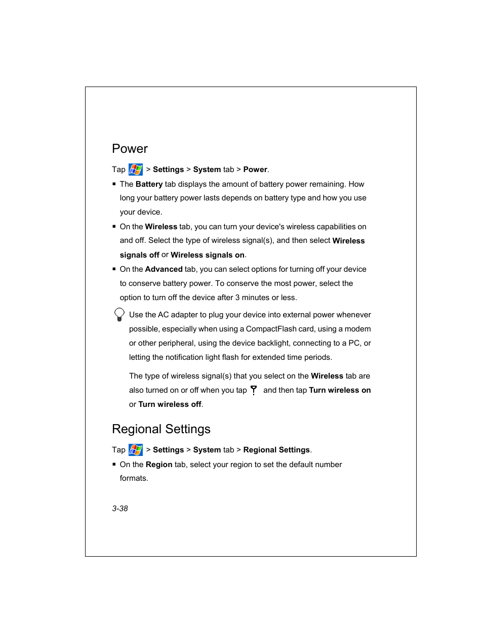 Power, Regional settings | Unitech PA950 User Manual | Page 38 / 204