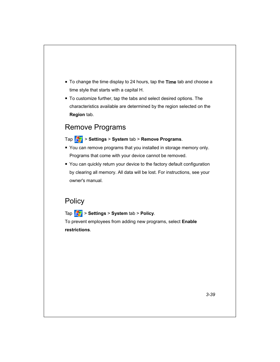 Remove programs, Policy | Unitech PA950 User Manual | Page 39 / 204