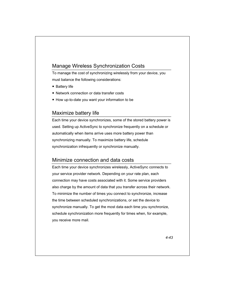 Manage wireless synchronization costs, Maximize battery life, Minimize connection and data costs | Unitech PA950 User Manual | Page 43 / 204