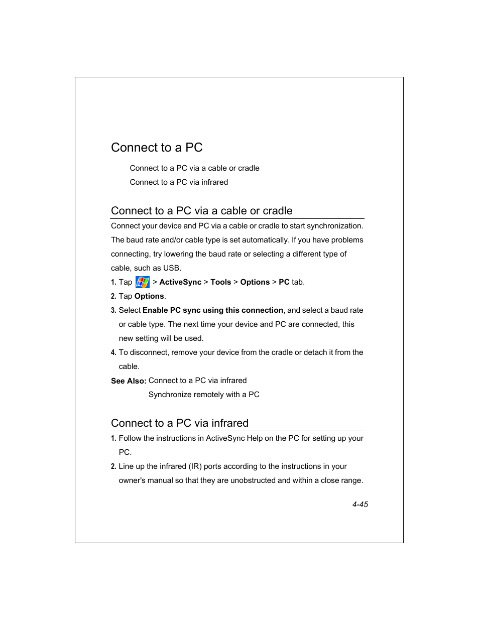 Connect to a pc, Connect to a pc via a cable or cradle, Connect to a pc via infrared | Unitech PA950 User Manual | Page 45 / 204