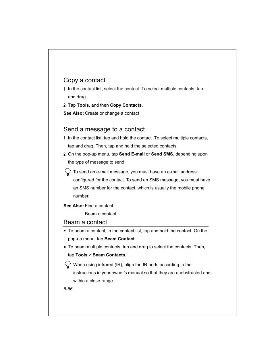 Copy a contact, Send a message to a contact, Beam a contact | Unitech PA950 User Manual | Page 66 / 204