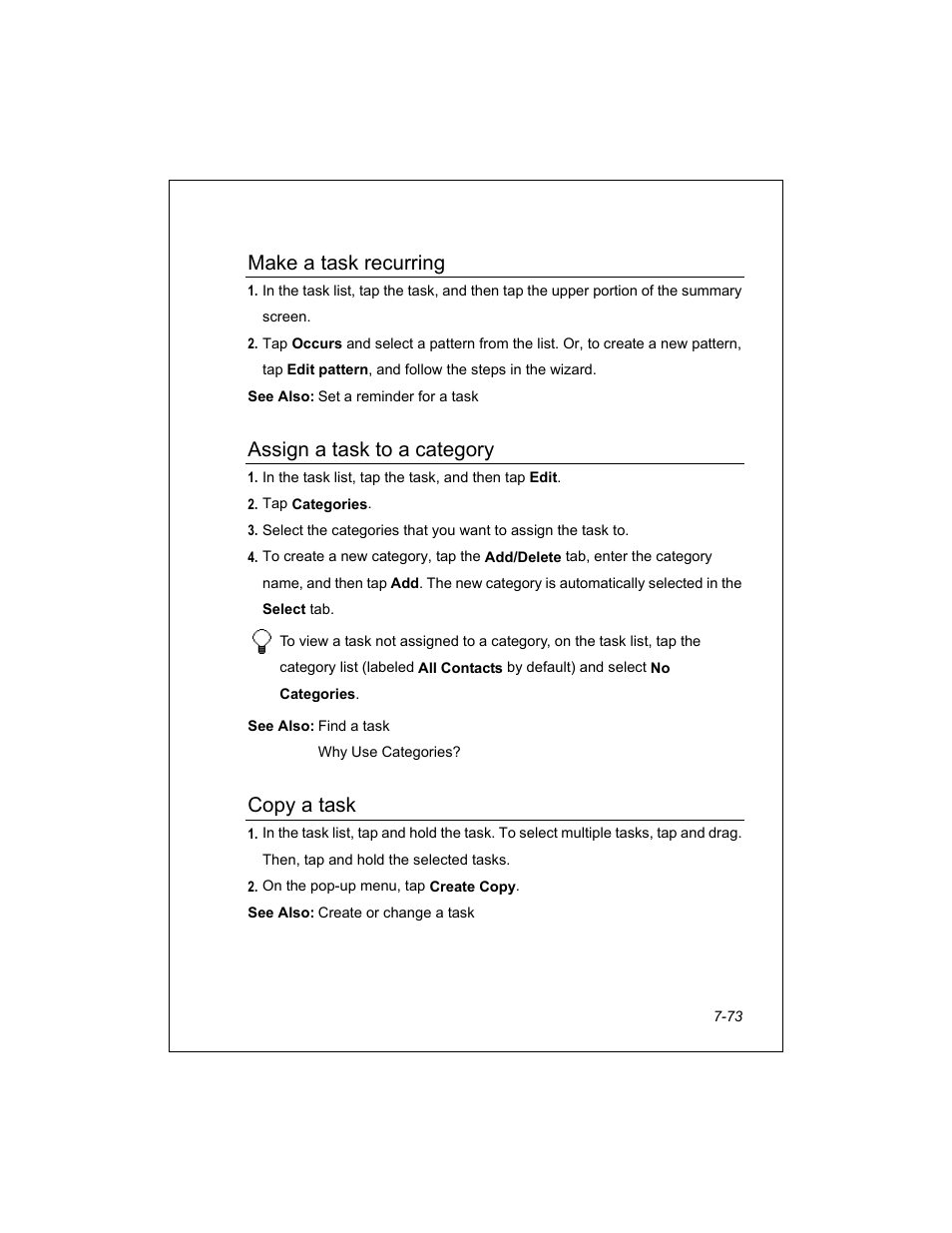 Make a task recurring, Assign a task to a category, Copy a task | Unitech PA950 User Manual | Page 73 / 204