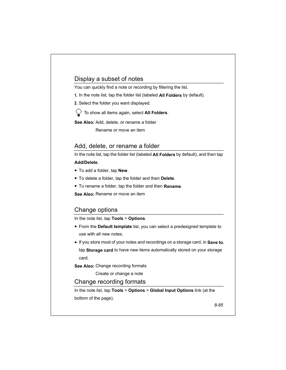 Add, delete, or rename a folder, Change options, Change recording formats | Unitech PA950 User Manual | Page 85 / 204