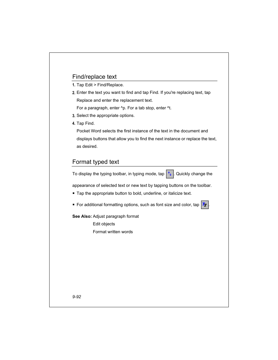 Find/replace text, Format typed text | Unitech PA950 User Manual | Page 92 / 204