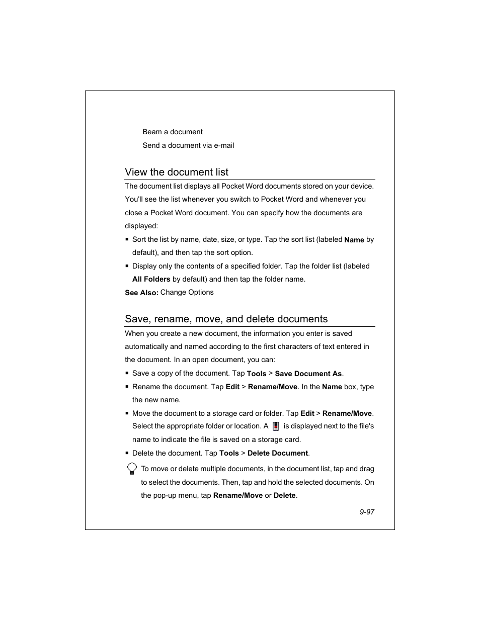 View the document list, Save, rename, move, and delete documents | Unitech PA950 User Manual | Page 97 / 204