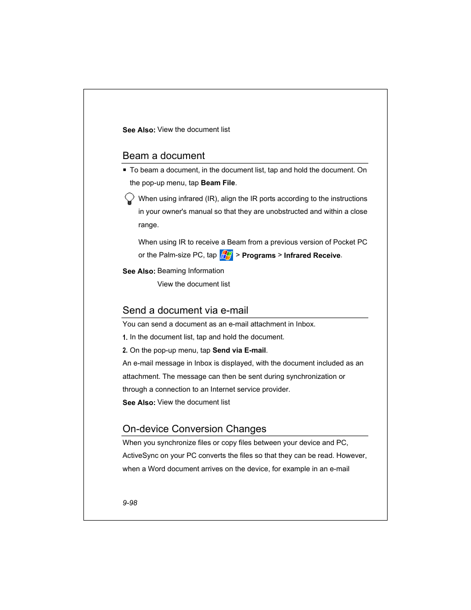 Beam a document, Send a document via e-mail, On-device conversion changes | Unitech PA950 User Manual | Page 98 / 204