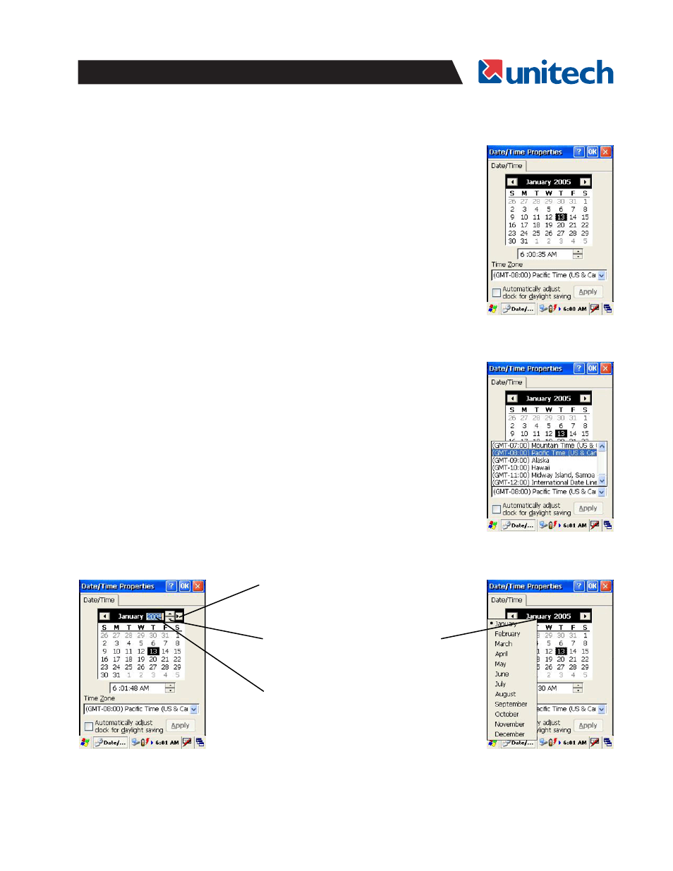 Exiting date/time properties settings, Setting the year and month, Setting time zone, date, and time | Setting the time zone first | Unitech PA966 User Manual | Page 11 / 54