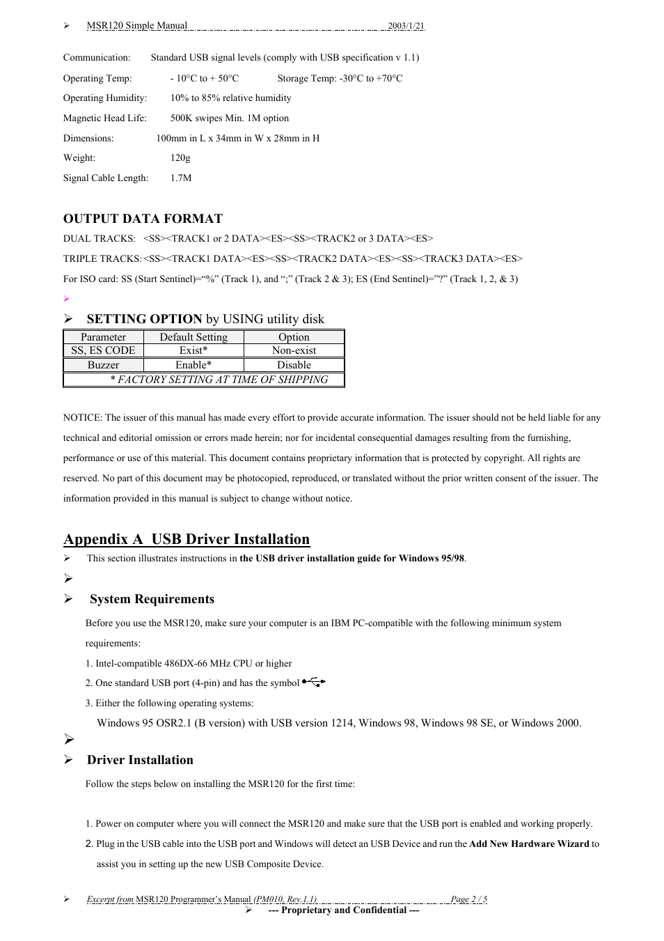 Output data format, Appendix a usb driver installation, System requirements | Setting option by using utility disk, Driver installation | Unitech MSR120 Series User Manual | Page 2 / 5