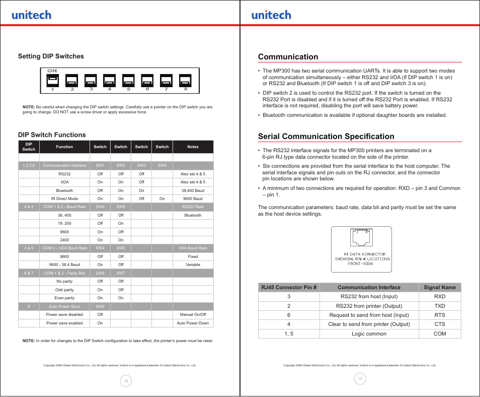 Communication, Serial communication specification, Setting dip switches | Dip switch functions | Unitech MP300 User Manual | Page 10 / 18