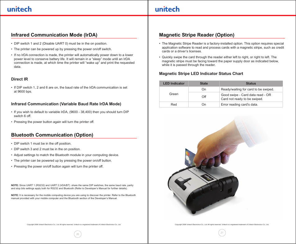 Infrared communication mode (irda), Bluetooth communication (option), Magnetic stripe reader (option) | Unitech MP300 User Manual | Page 11 / 18