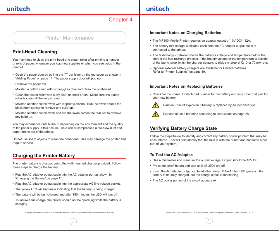 Chapter 4 printer maintenance, Print-head cleaning, Charging the printer battery | Verifying battery charge state | Unitech MP300 User Manual | Page 14 / 18