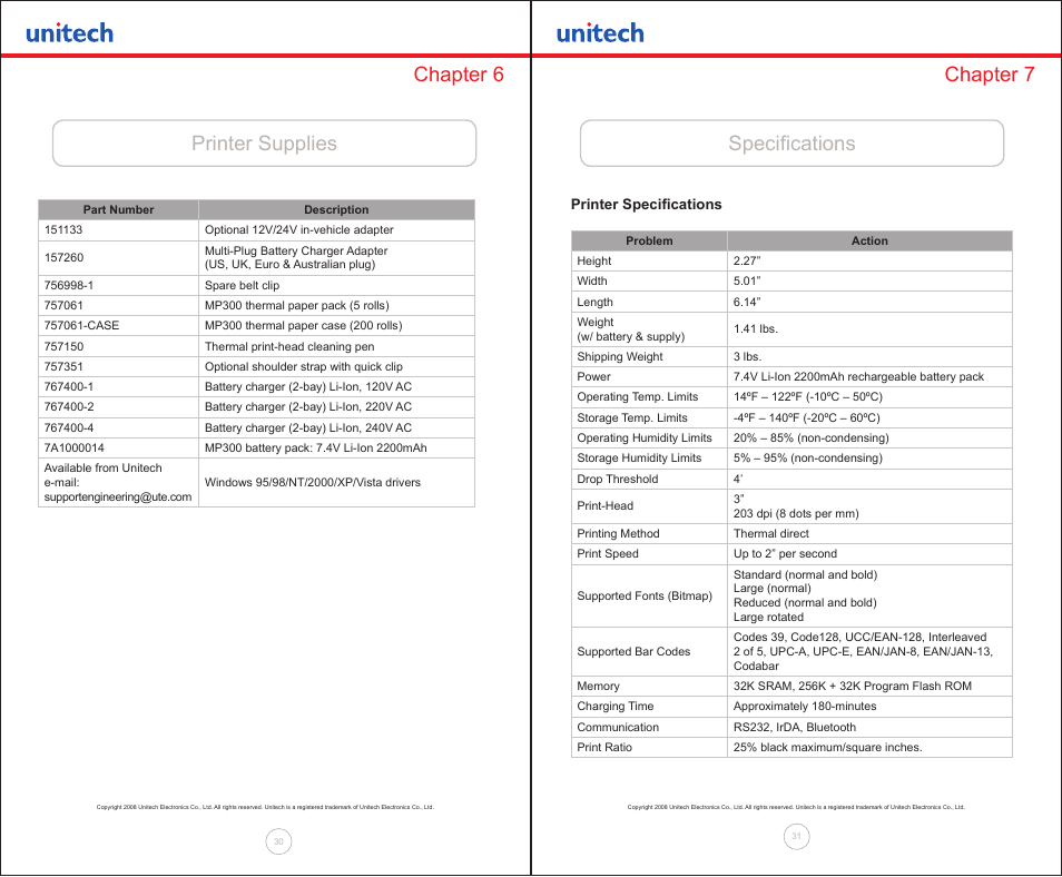 Printer supplies chapter 6, Specifications chapter 7 | Unitech MP300 User Manual | Page 16 / 18