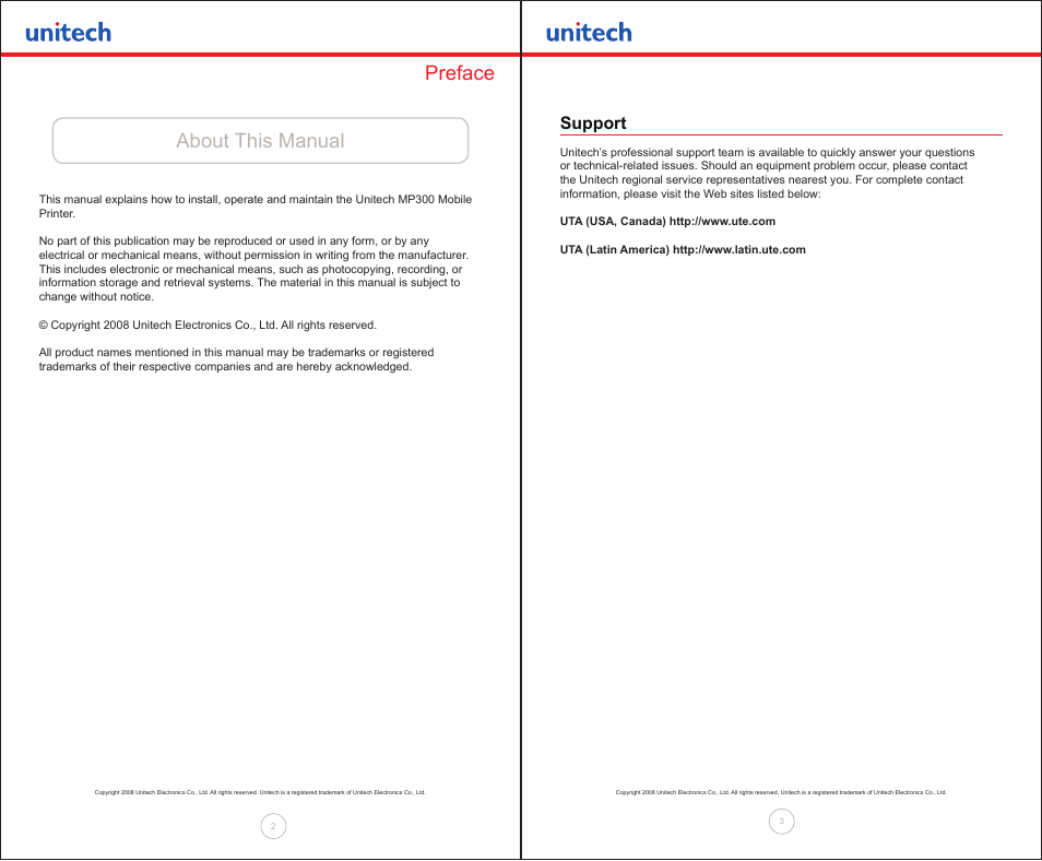 About this manual preface, Support | Unitech MP300 User Manual | Page 2 / 18