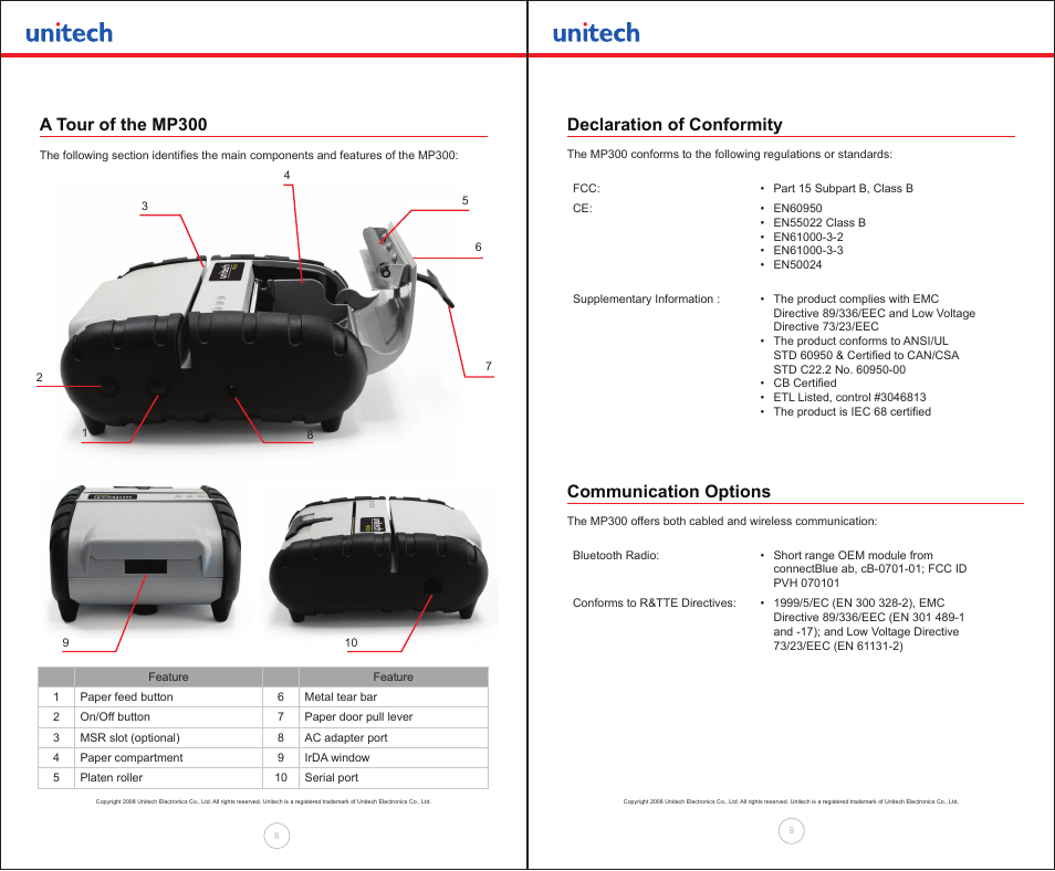 A tour of the mp300, Declaration of conformity, Communication options | Unitech MP300 User Manual | Page 5 / 18