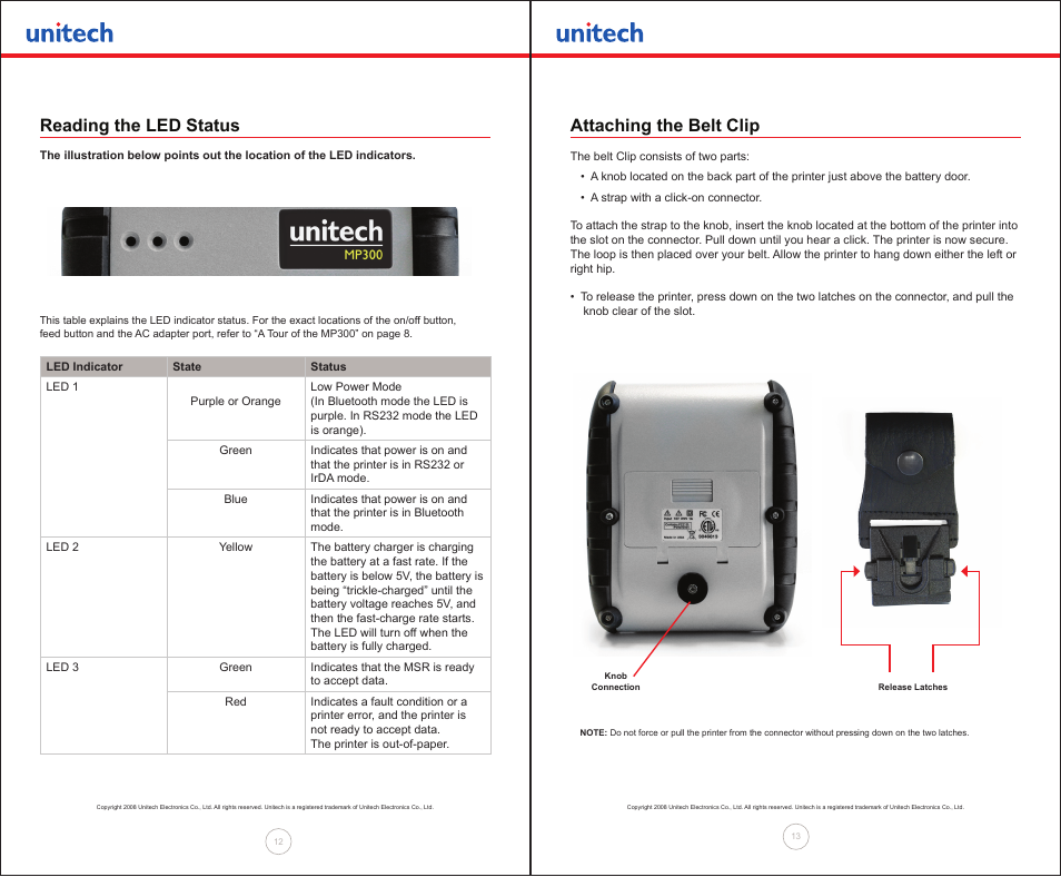 Reading the led status, Attaching the belt clip | Unitech MP300 User Manual | Page 7 / 18
