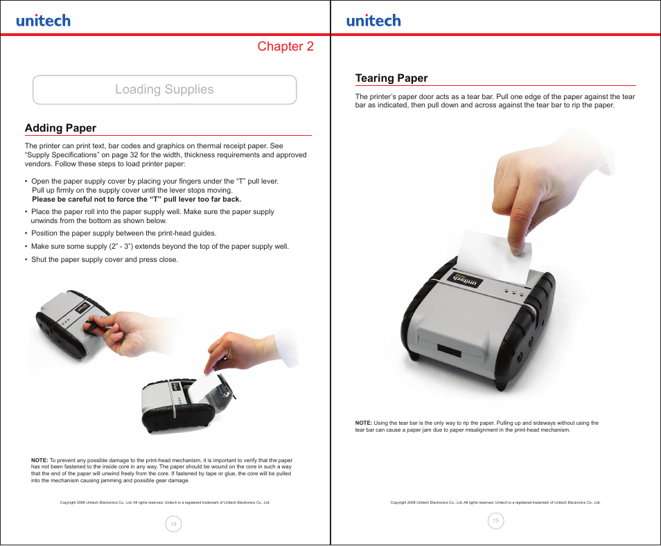 Loading supplies chapter 2, Adding paper, Tearing paper | Unitech MP300 User Manual | Page 8 / 18