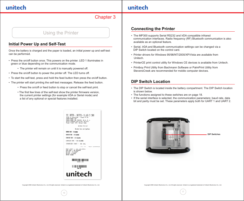 Using the printer chapter 3, Initial power up and self-test, Connecting the printer | Dip switch location | Unitech MP300 User Manual | Page 9 / 18