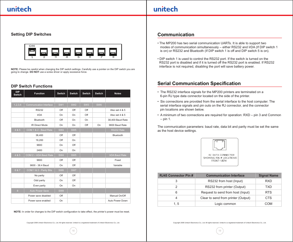 Communication, Serial communication specification, Setting dip switches | Dip switch functions | Unitech MP200 User Manual | Page 10 / 18