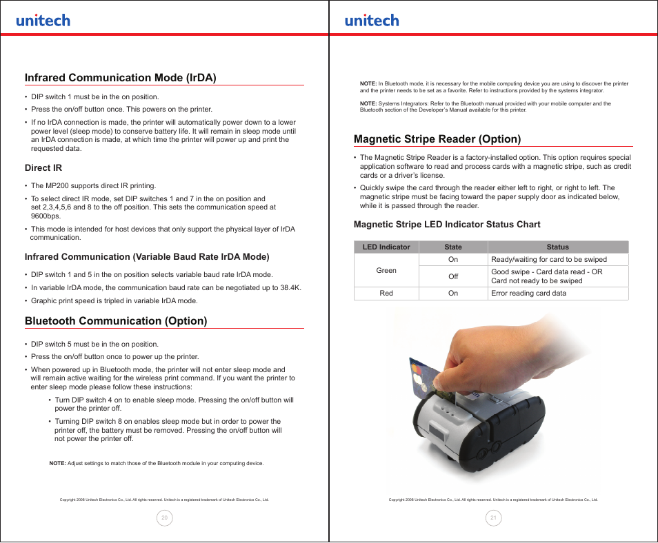 Infrared communication mode (irda), Bluetooth communication (option), Magnetic stripe reader (option) | Unitech MP200 User Manual | Page 11 / 18