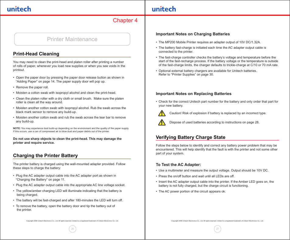 Chapter 4 printer maintenance, Print-head cleaning, Charging the printer battery | Verifying battery charge state | Unitech MP200 User Manual | Page 14 / 18