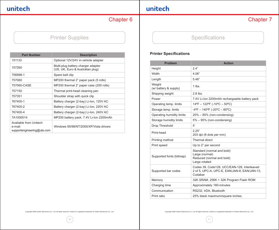 Printer supplies chapter 6, Specifications chapter 7 | Unitech MP200 User Manual | Page 16 / 18