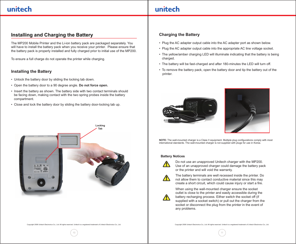 Installing and charging the battery, Installing the battery, Charging the battery | Unitech MP200 User Manual | Page 6 / 18