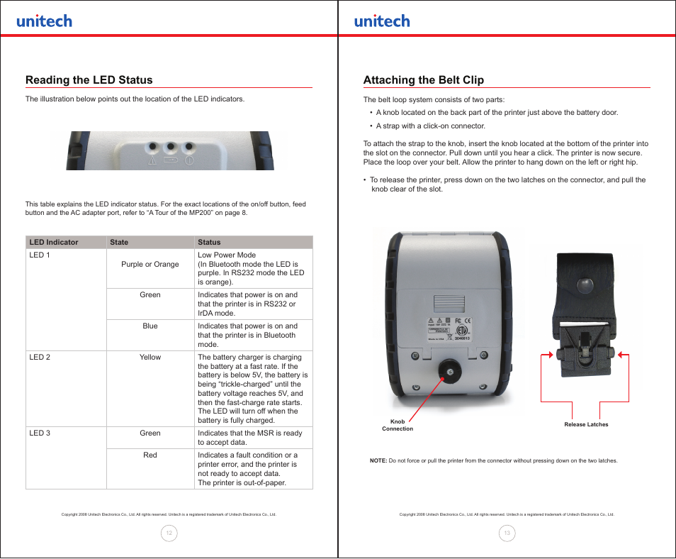 Reading the led status, Attaching the belt clip | Unitech MP200 User Manual | Page 7 / 18