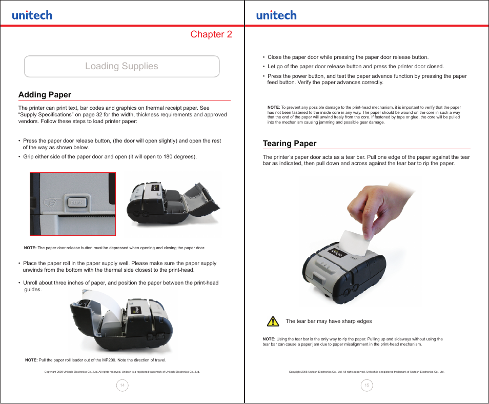 Loading supplies chapter 2, Tearing paper, Adding paper | Unitech MP200 User Manual | Page 8 / 18