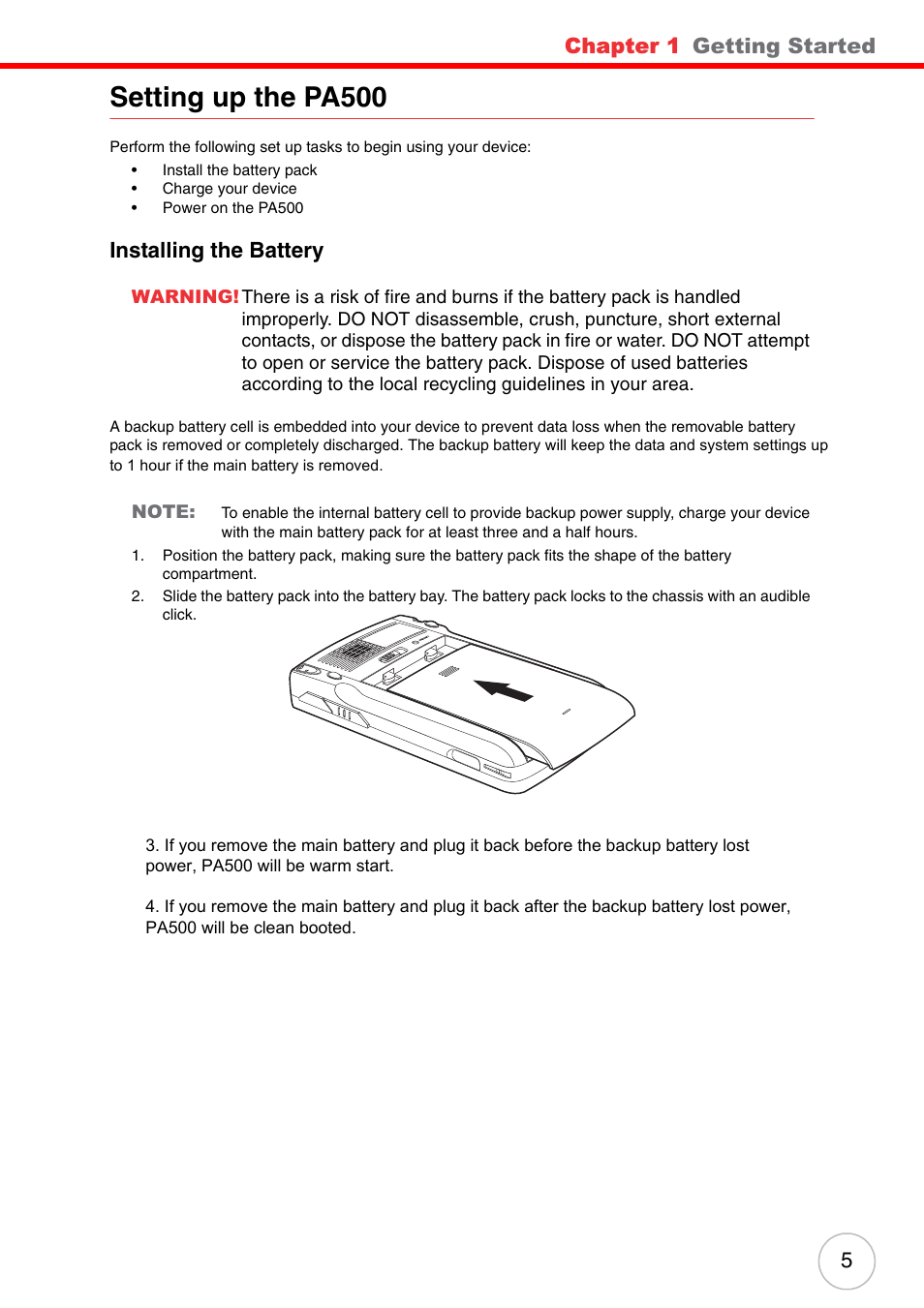 Setting up the pa500, Installing the battery, Chapter 1 | Getting started | Unitech PA500 User Manual | Page 11 / 84