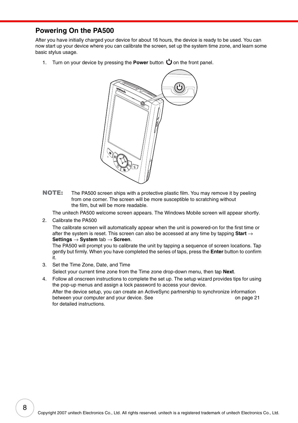 Powering on the pa500 | Unitech PA500 User Manual | Page 14 / 84