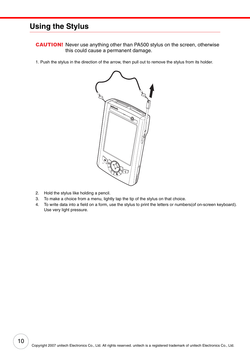 Using the stylus | Unitech PA500 User Manual | Page 16 / 84