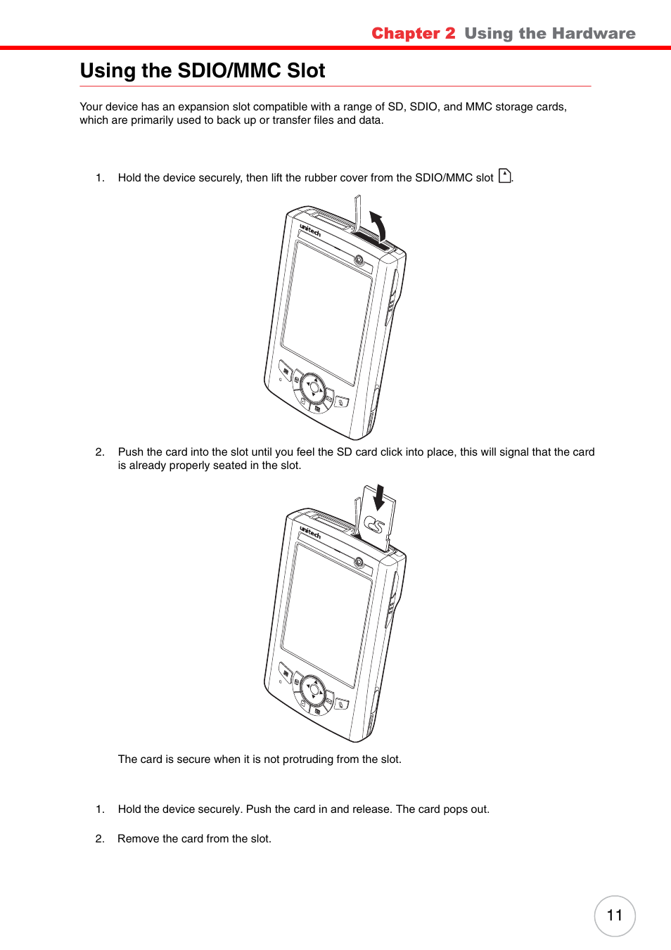 Using the sdio/mmc slot, Chapter 2, Using the hardware | Unitech PA500 User Manual | Page 17 / 84