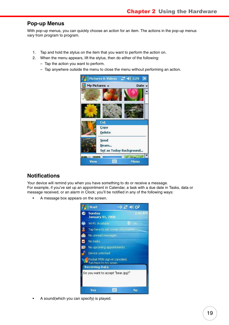 Pop-up menus, Notifications, Pop-up menus notifications | Chapter 2, Using the hardware, 19 pop-up menus | Unitech PA500 User Manual | Page 25 / 84