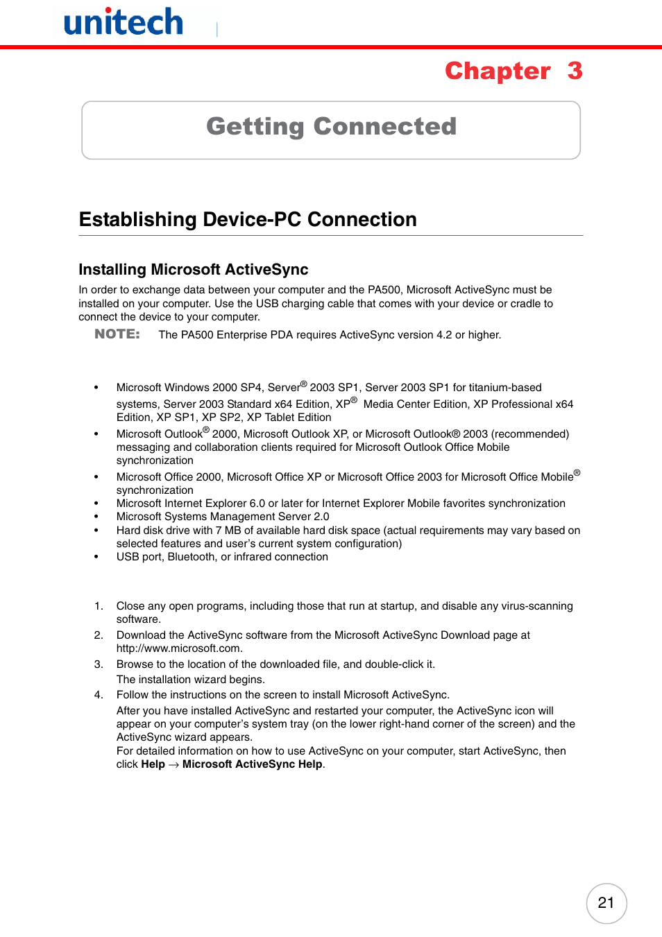 Chapter 3 getting connected, Establishing device-pc connection, Installing microsoft activesync | Chapter 3, Getting connected | Unitech PA500 User Manual | Page 27 / 84